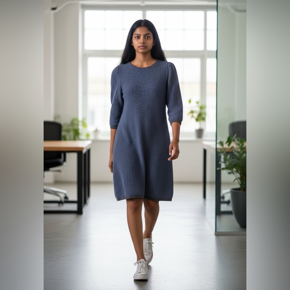 COS Cotton Knit Dress Navy Black Textured Jumper Knee Length Classic Modest